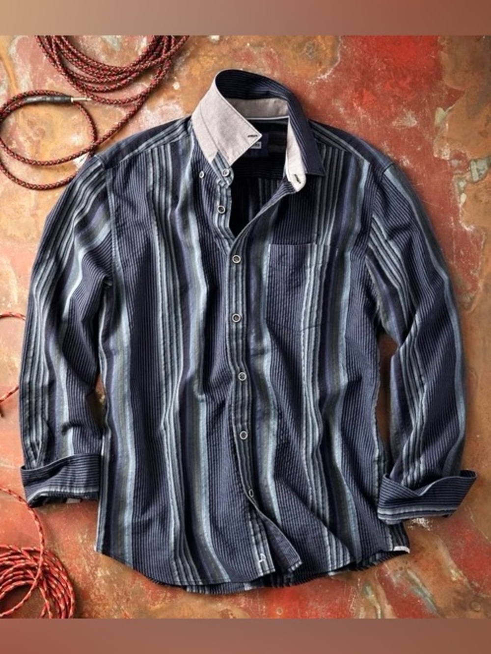 32 Bar Blues Multi-Stripe Cotton Shirt Men’s Size XL Button Front Classic Retro